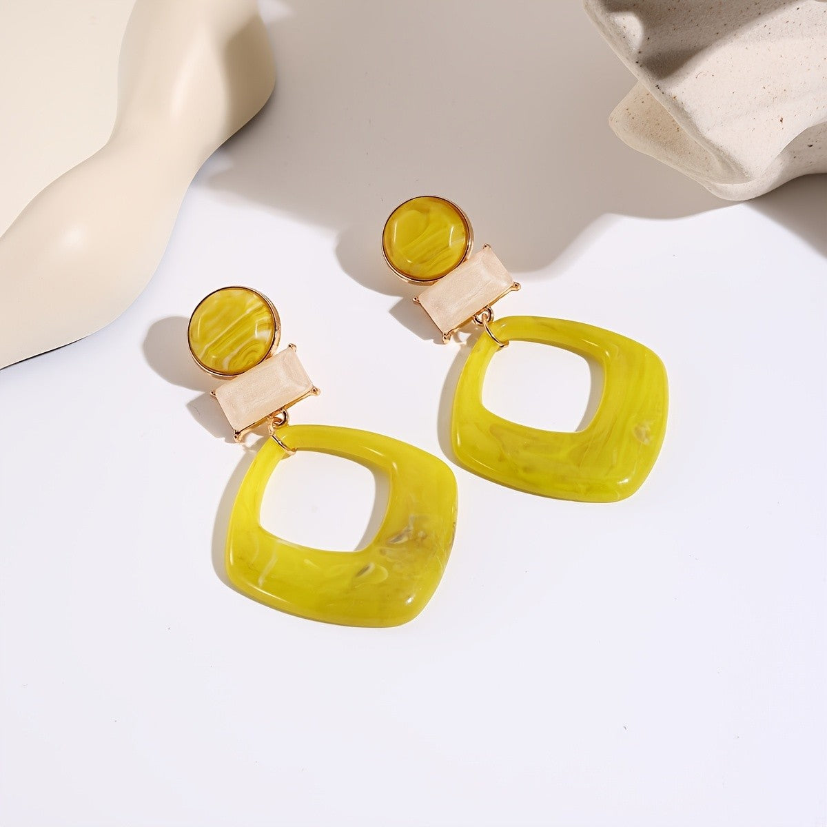 Yellow Marbled Geometric Drop Earrings