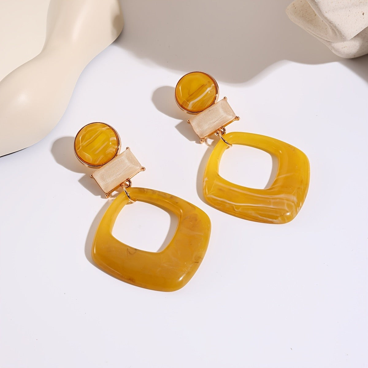 Yellow Marbled Geometric Drop Earrings