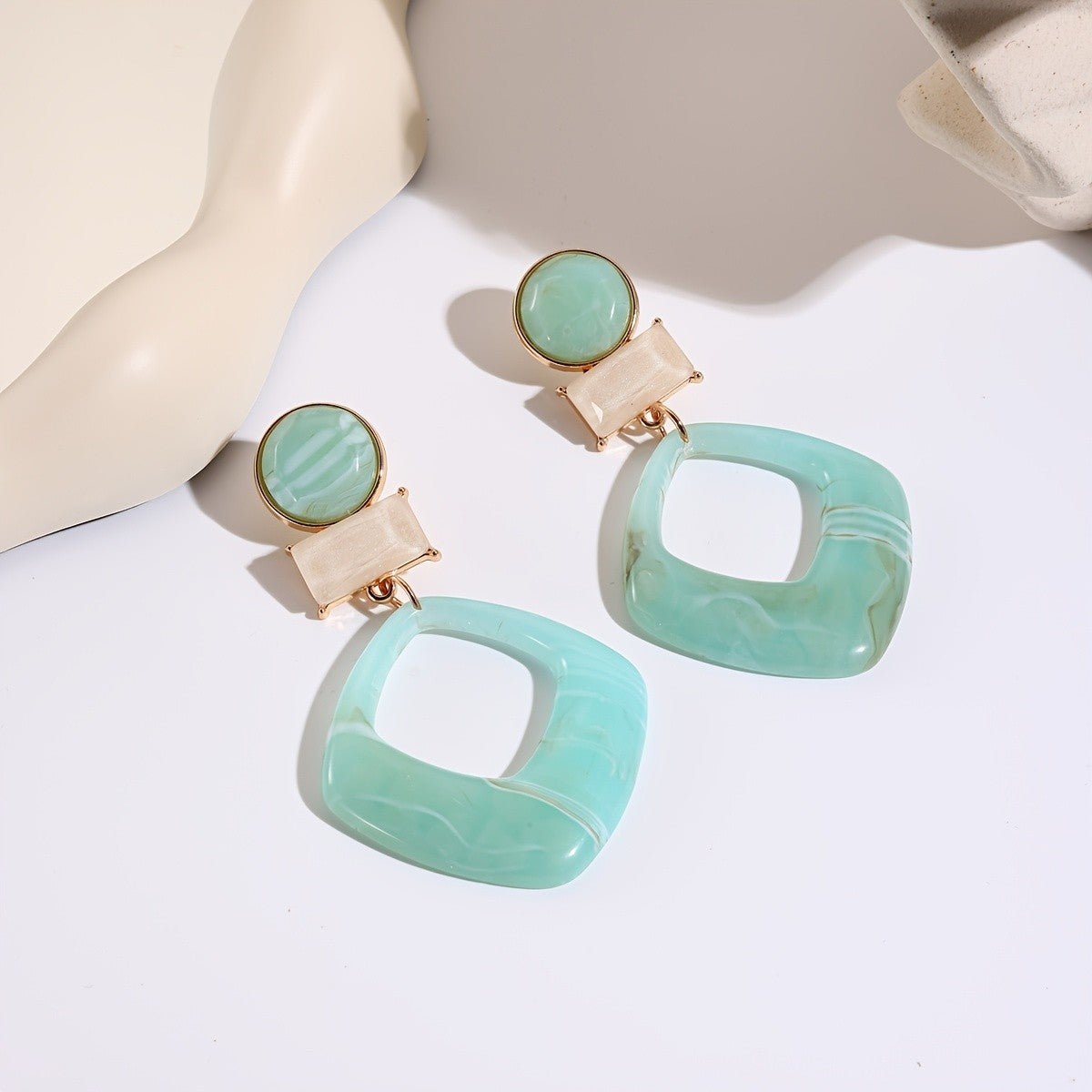 Yellow Marbled Geometric Drop Earrings