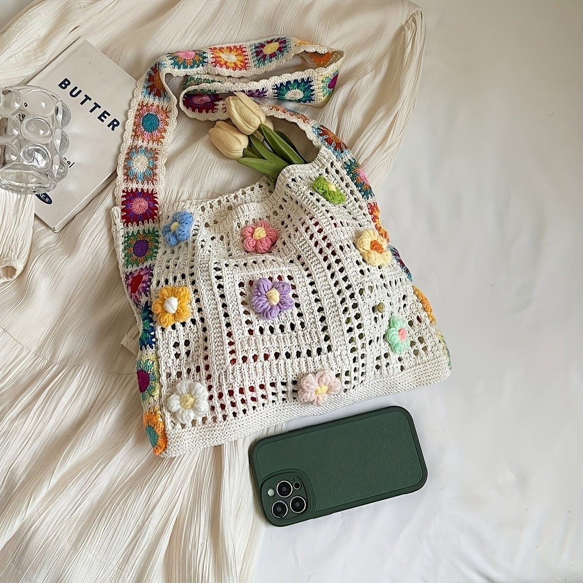 Colorful Crochet Flower Tote Bag
