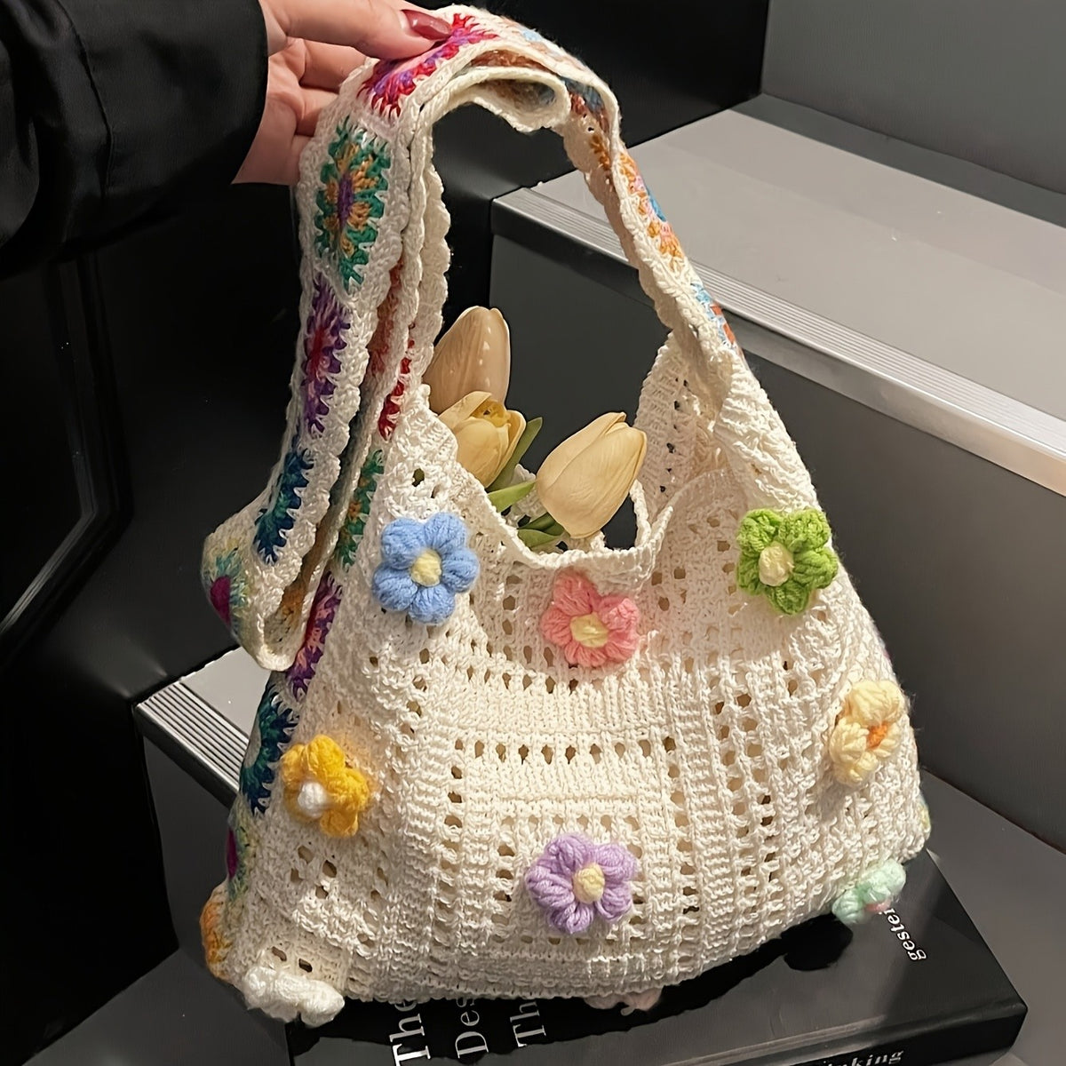Colorful Crochet Flower Tote Bag