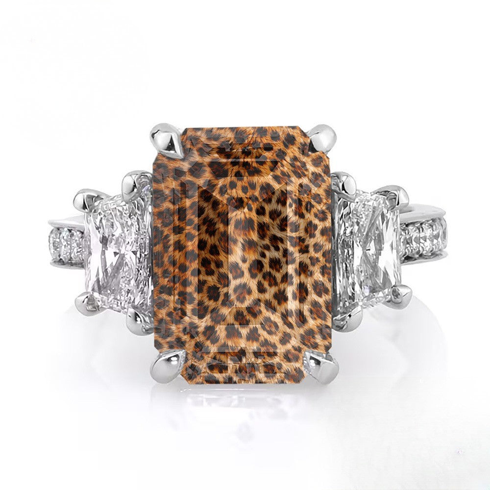 Leopard Print Emerald Cut Ring with Side Crystals