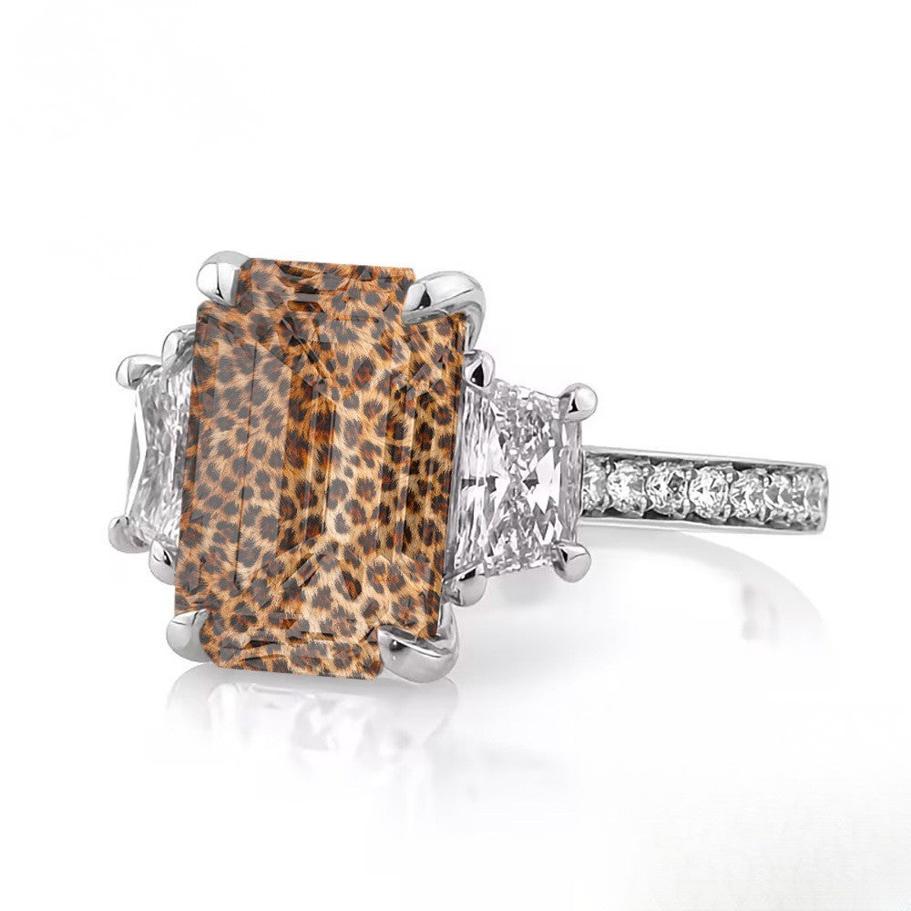 Leopard Print Emerald Cut Ring with Side Crystals
