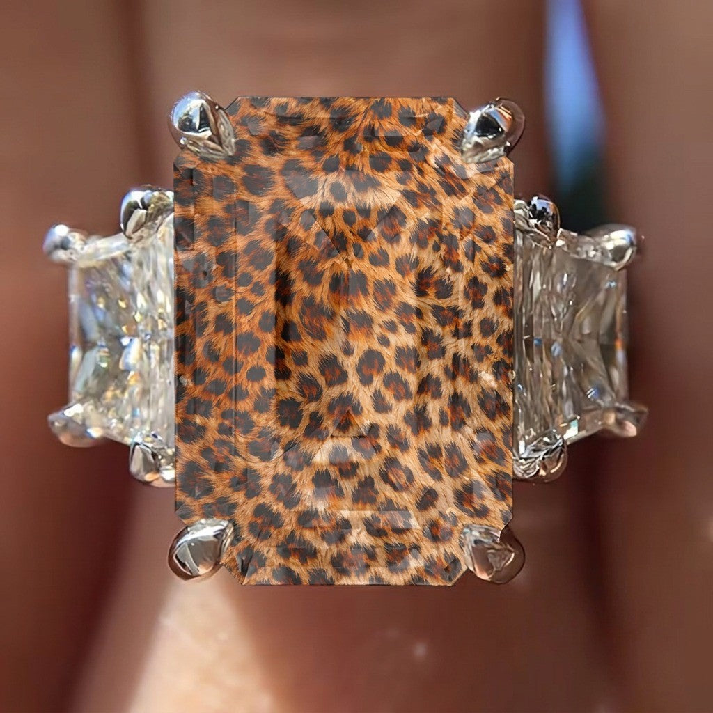 Leopard Print Emerald Cut Ring with Side Crystals
