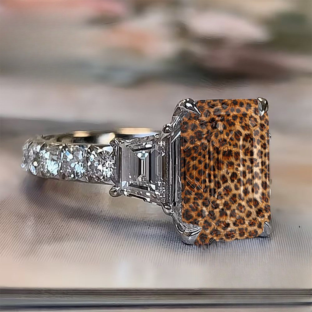 Leopard Print Emerald Cut Ring with Side Crystals