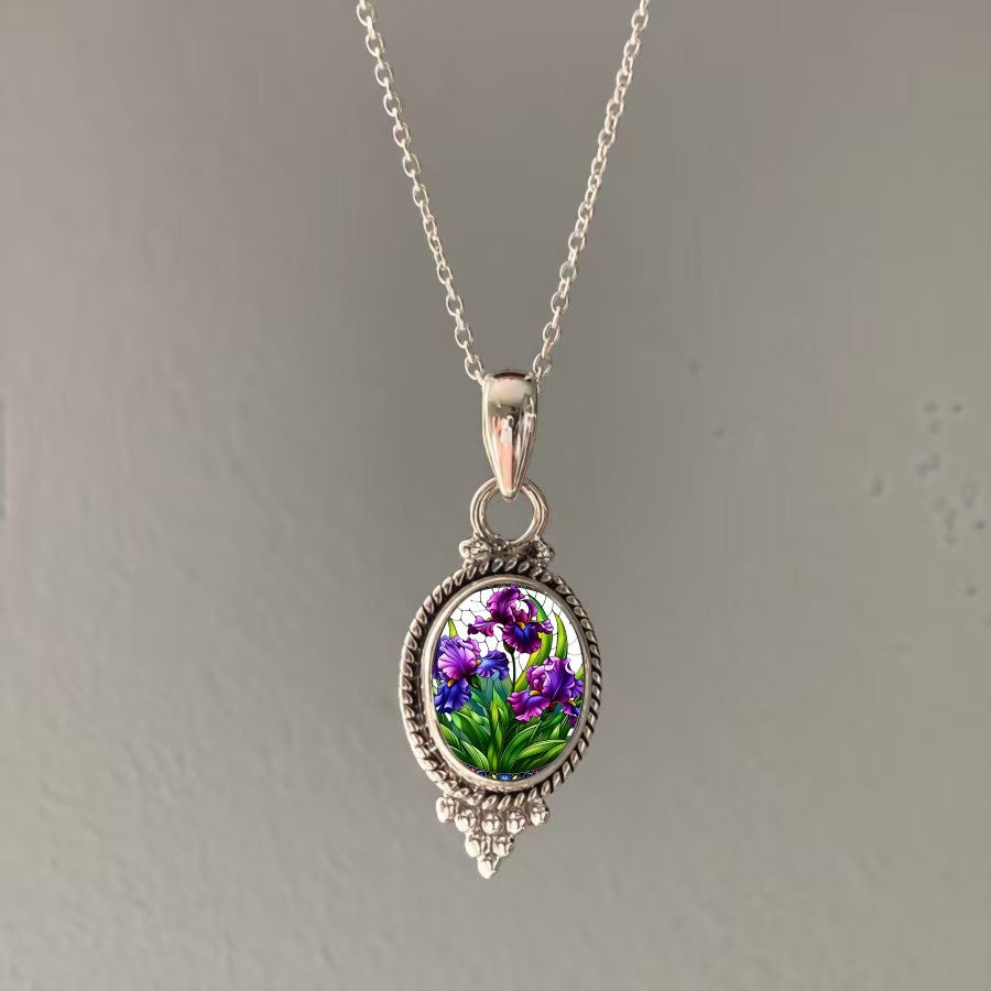 Purple Iris Oval Pendant Necklace