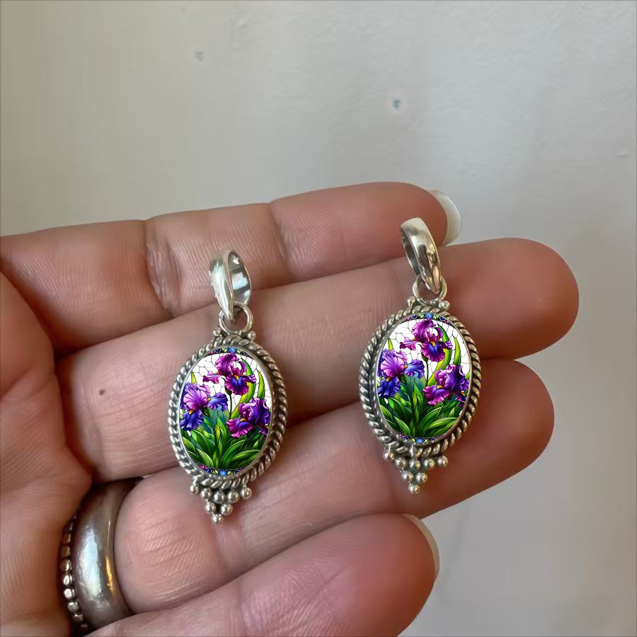 Purple Iris Oval Pendant Necklace