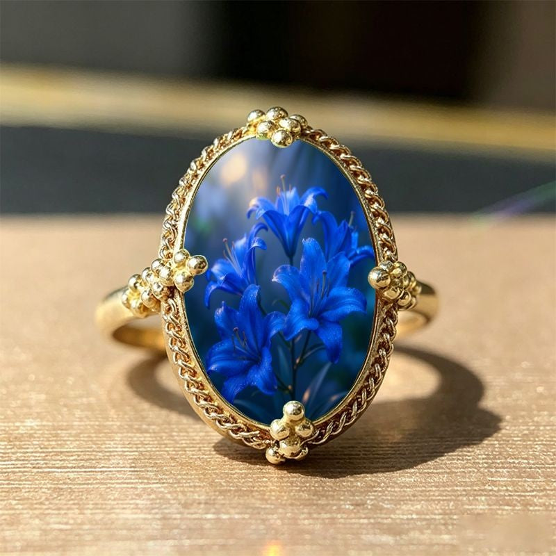 Blue Flower Oval Ring