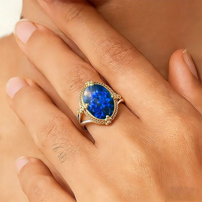 Blue Flower Oval Ring
