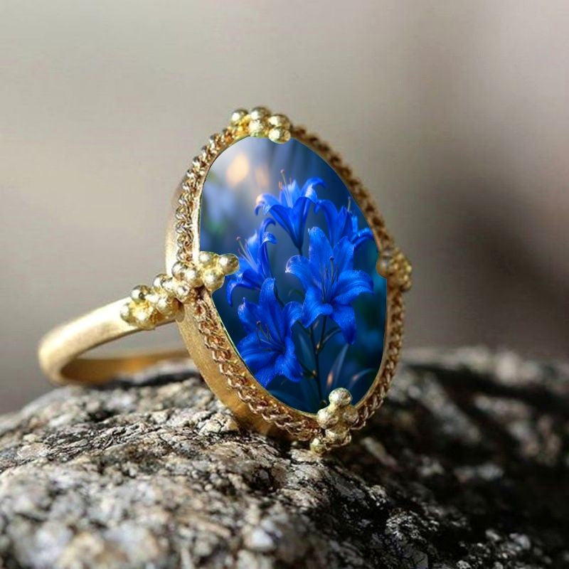 Blue Flower Oval Ring