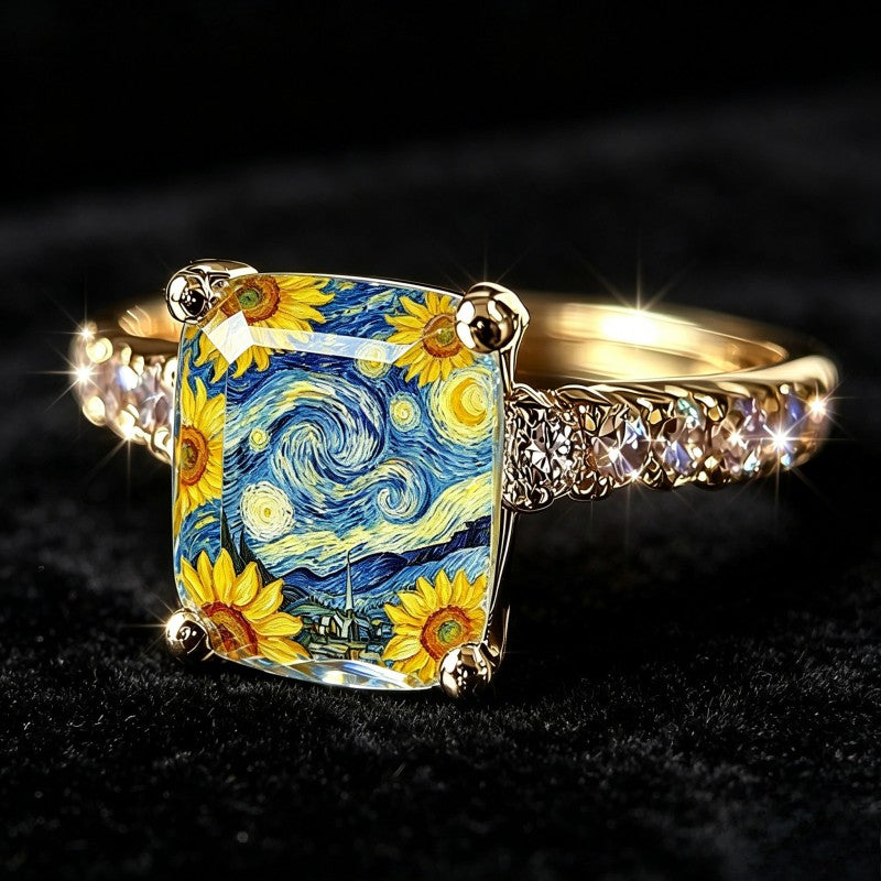 Starry Night Sunflower Square Ring