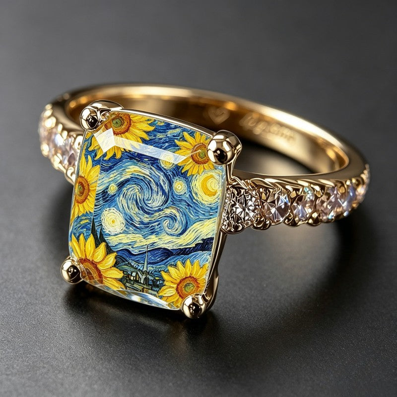 Starry Night Sunflower Square Ring