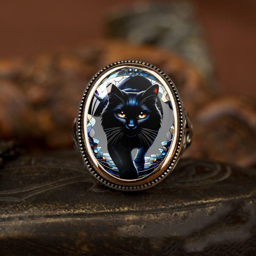 Black Cat Stained Glass Ring