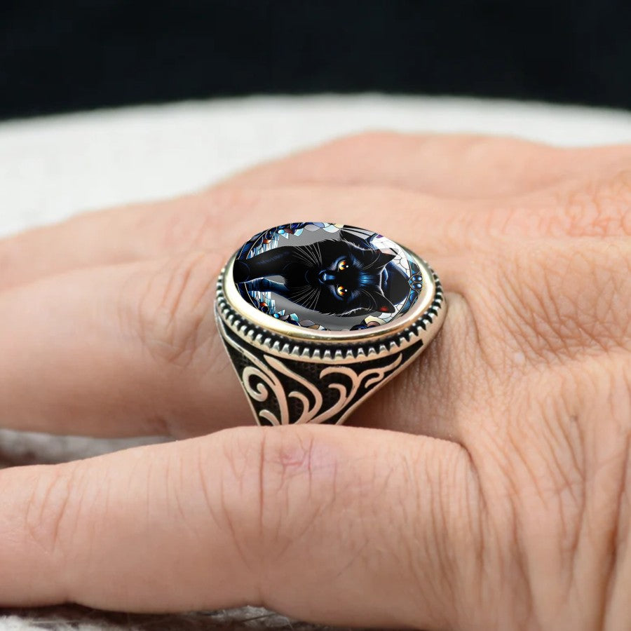 Black Cat Stained Glass Ring