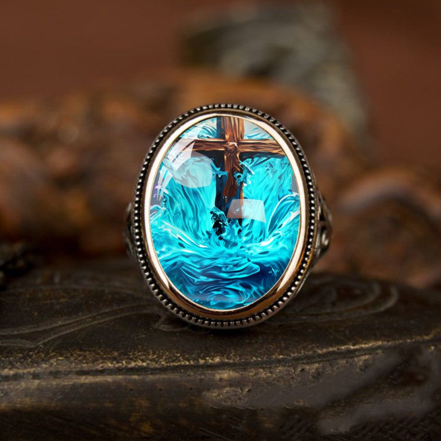 Cross & Blue Waves Oval Ring