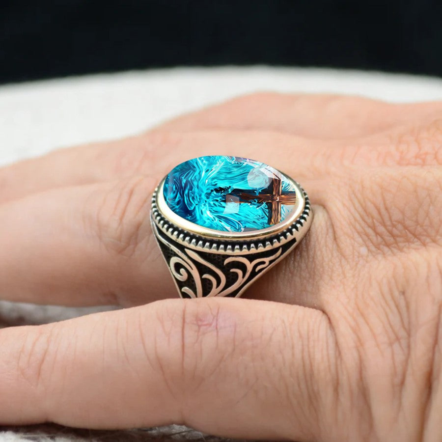 Cross & Blue Waves Oval Ring