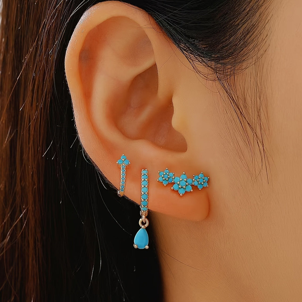 Turquoise Flower & Drop Earring Set