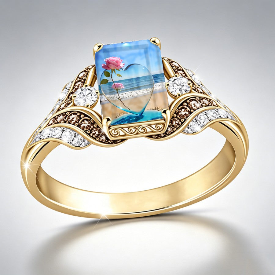 Rose Heart Beach Scene Ring