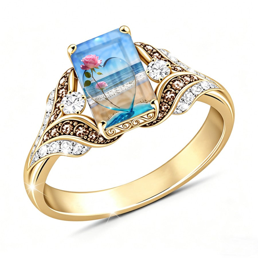 Rose Heart Beach Scene Ring