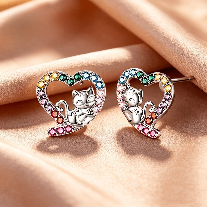 Colorful Cat Heart Stud Earrings