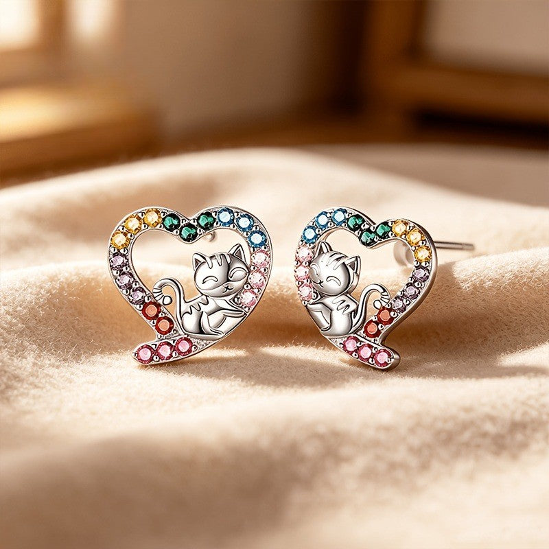 Colorful Cat Heart Stud Earrings