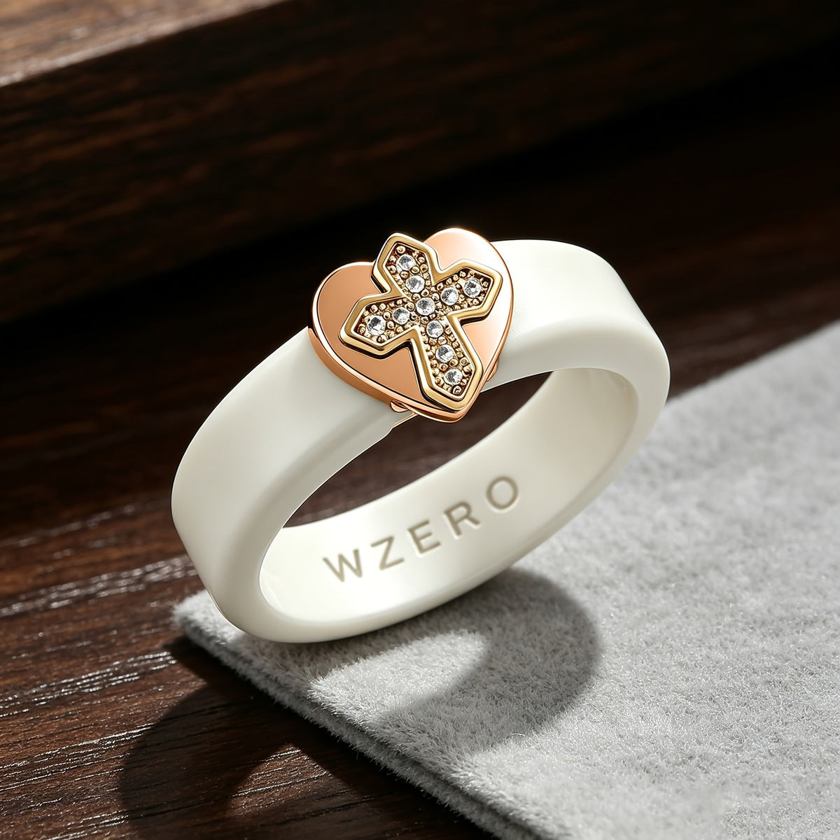 Cream Silicone Pave Cross Heart Ring