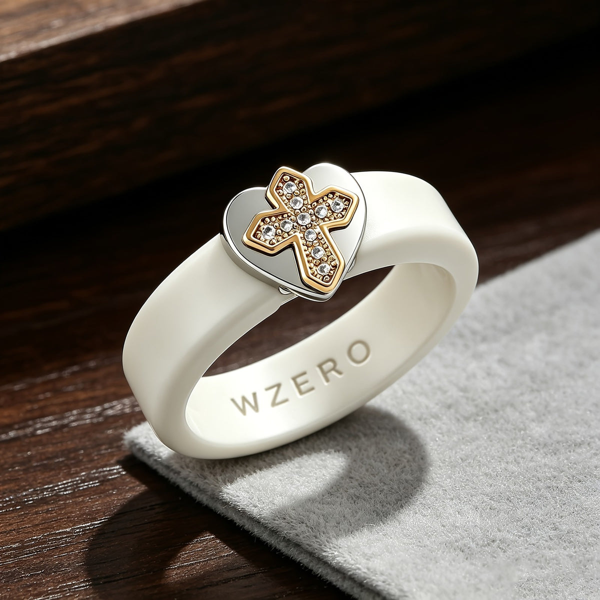 Cream Silicone Pave Cross Heart Ring