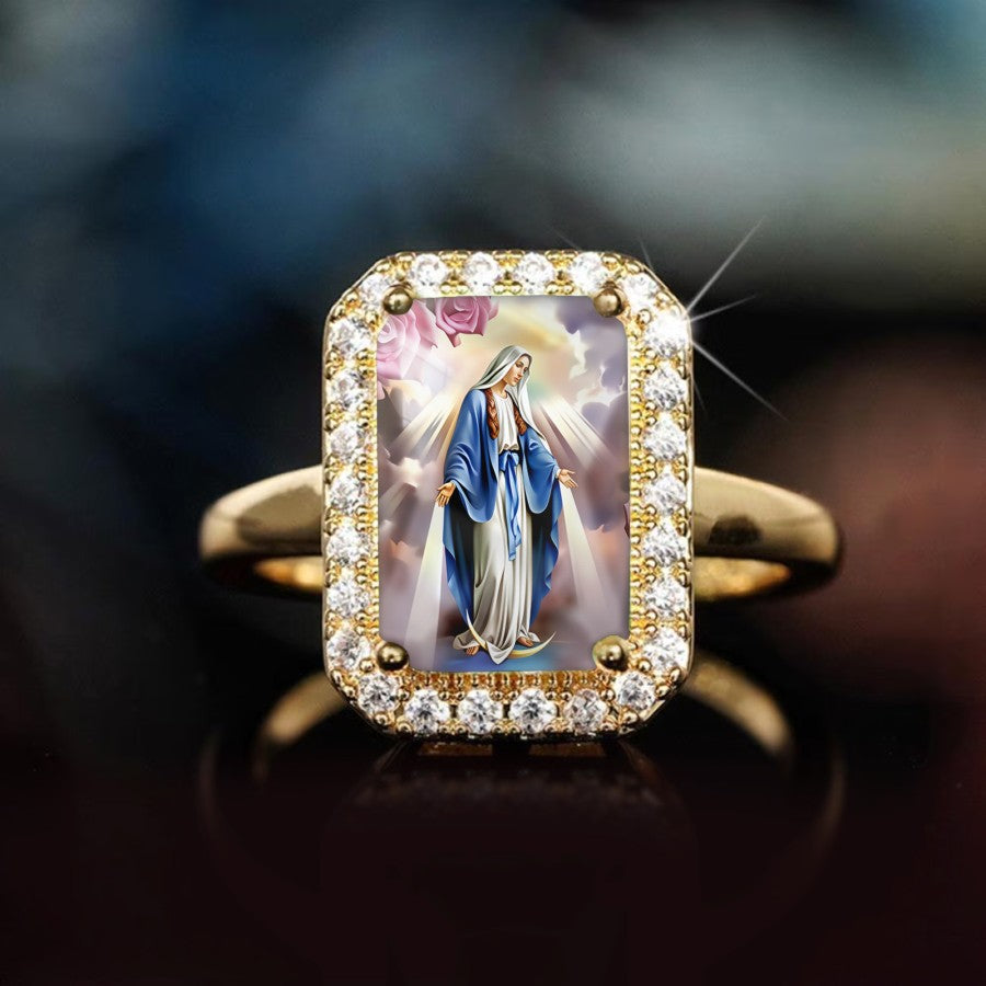 Virgin Mary & Rose Rectangular Ring