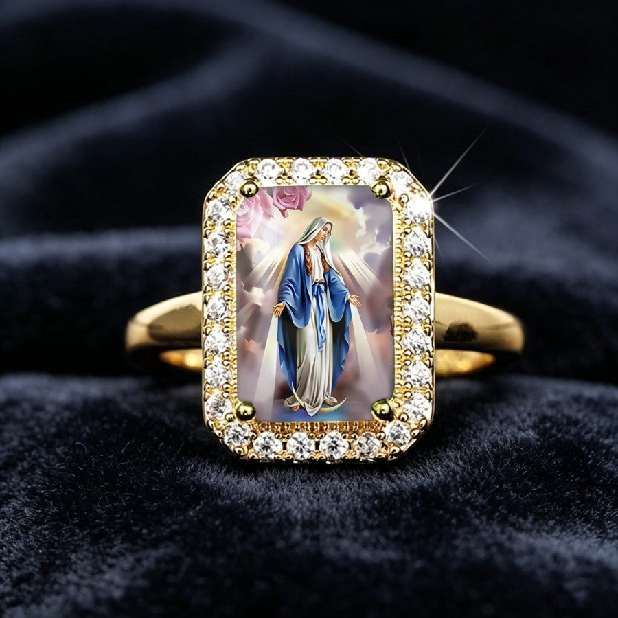 Virgin Mary & Rose Rectangular Ring