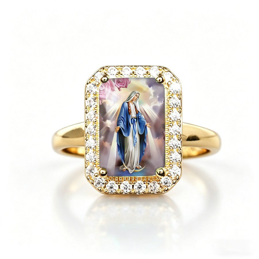 Virgin Mary & Rose Rectangular Ring