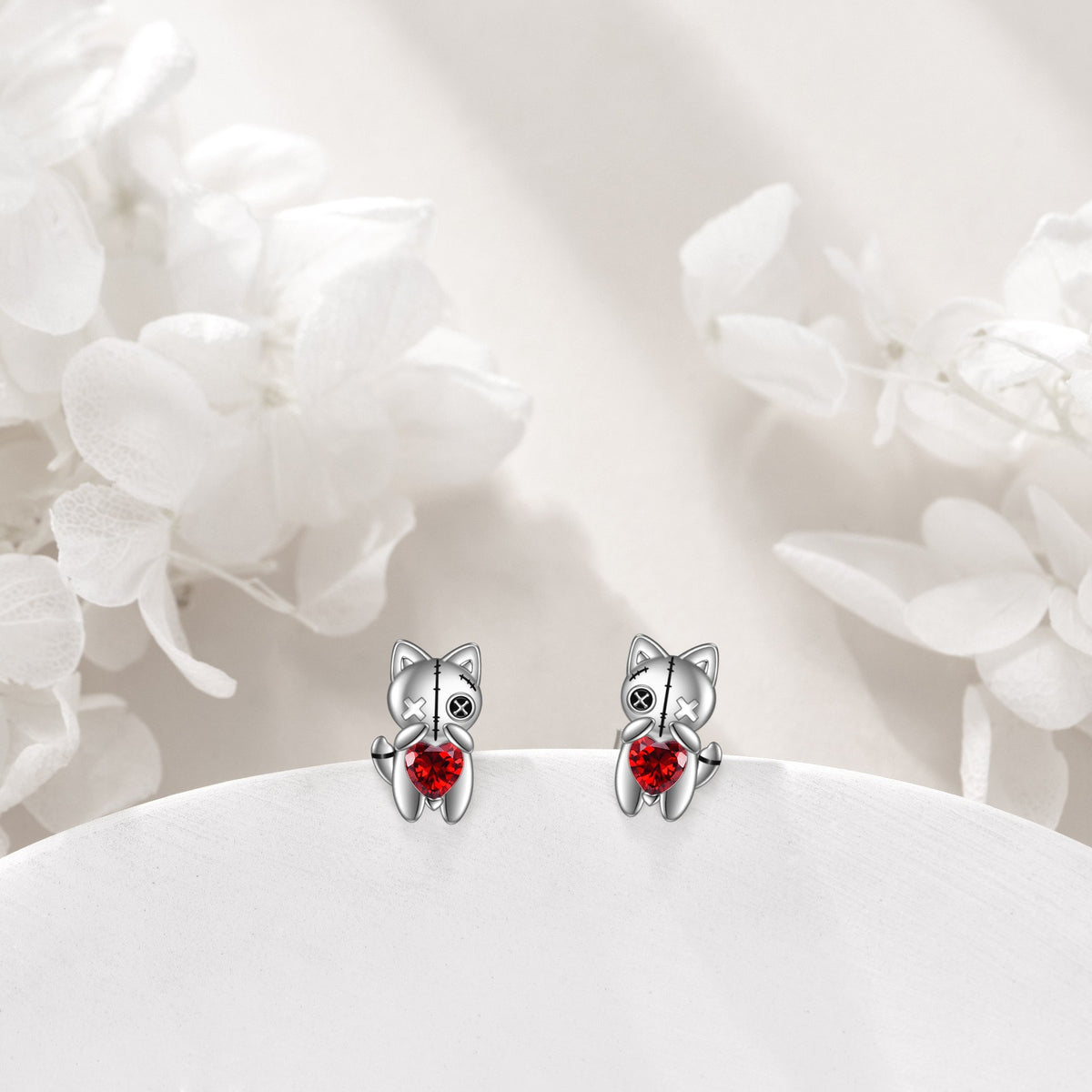 Stitched Cat Red Heart Stud Earrings