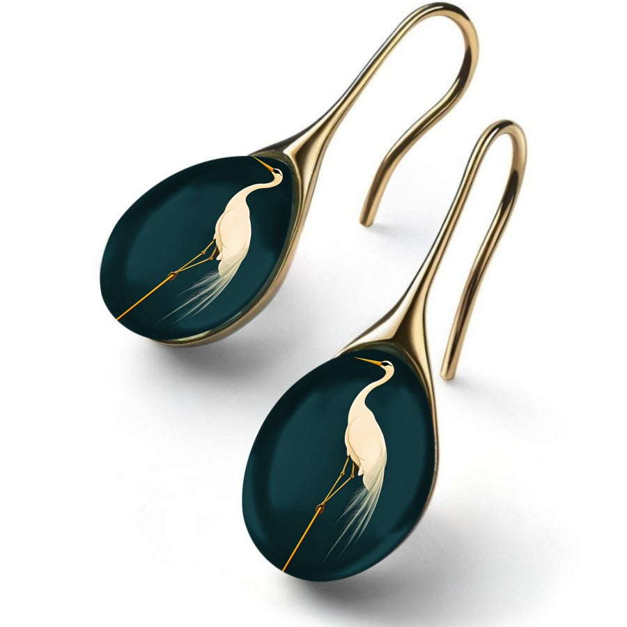 Teal Heron Oval Drop Earrings