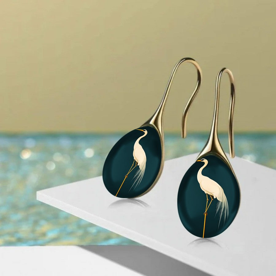Teal Heron Oval Drop Earrings