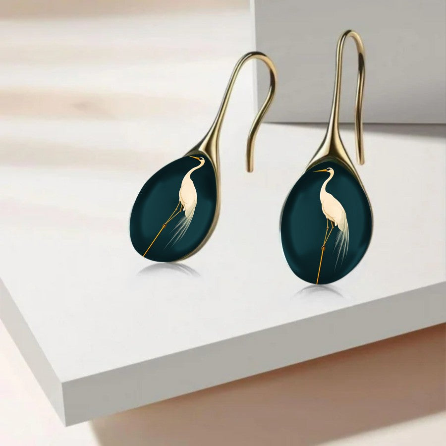 Teal Heron Oval Drop Earrings