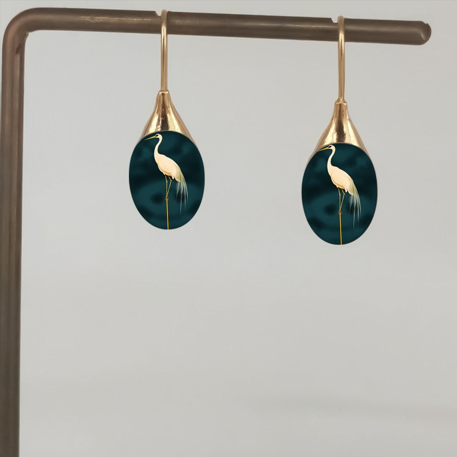 Teal Heron Oval Drop Earrings