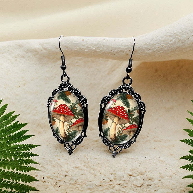 Red Mushroom Oval Dangle Earrings