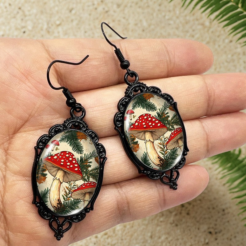 Red Mushroom Oval Dangle Earrings