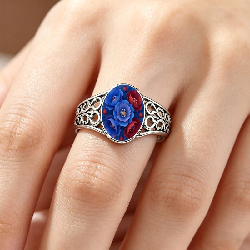 Blue Red Floral Filigree Ring