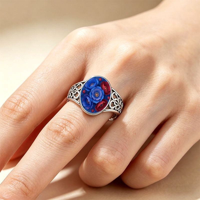 Blue Red Floral Filigree Ring