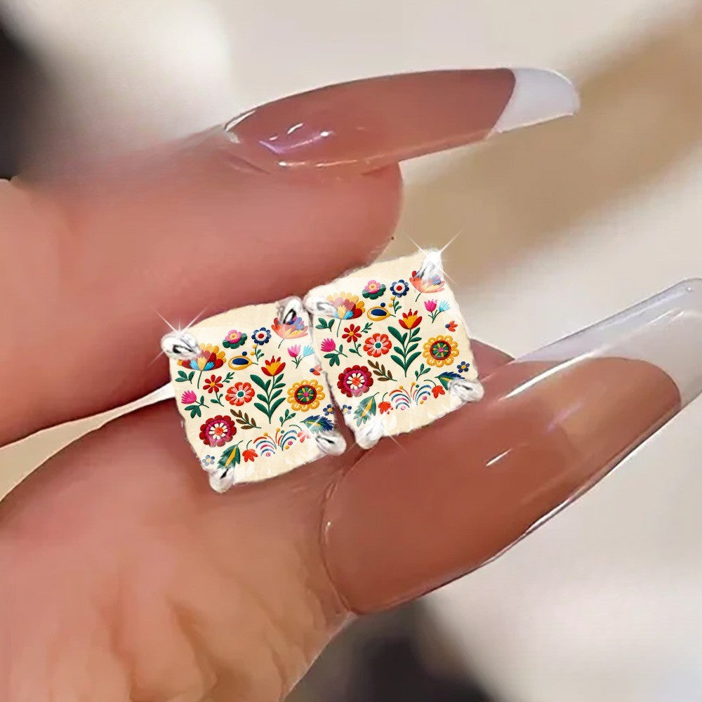 Embroidered Floral Square Stud Earrings