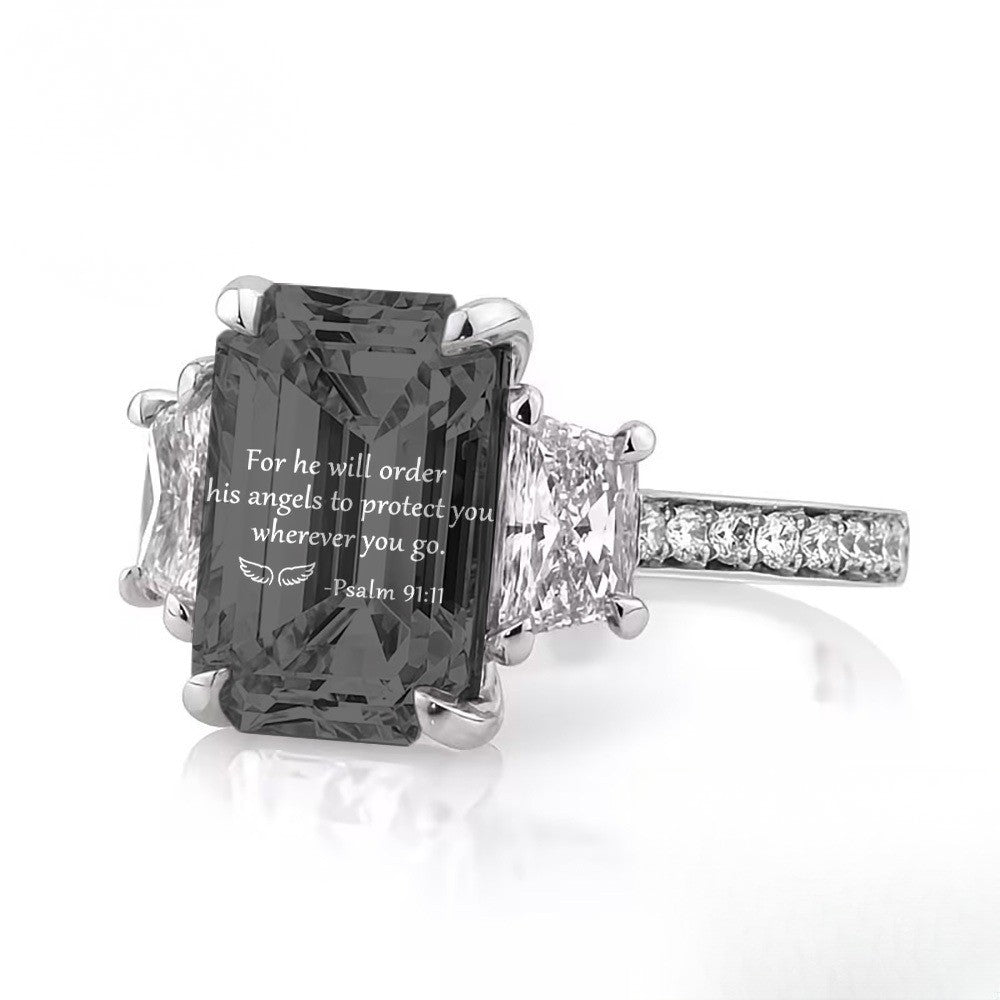 Psalm 91:11 Winged Emerald Cut Ring
