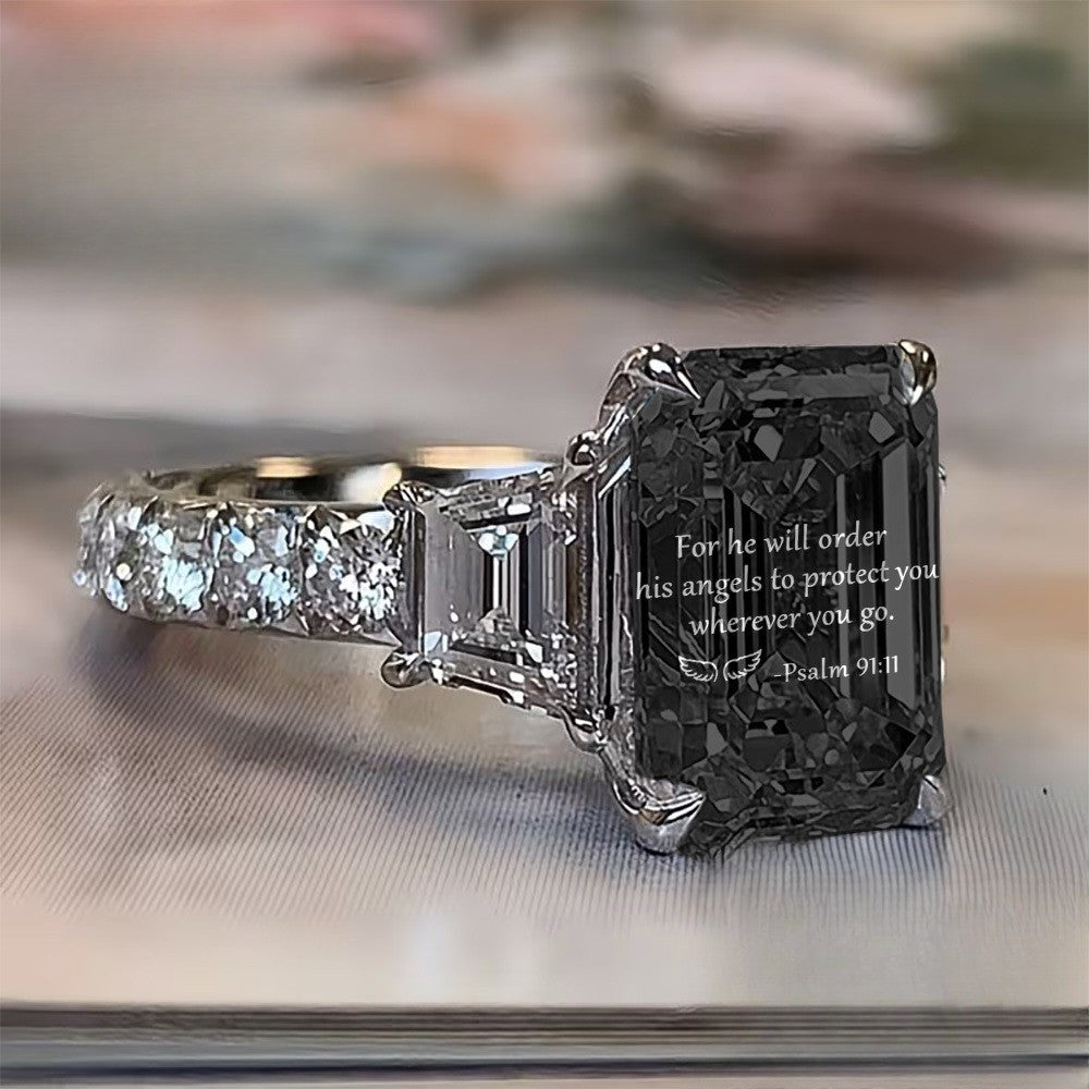 Psalm 91:11 Winged Emerald Cut Ring