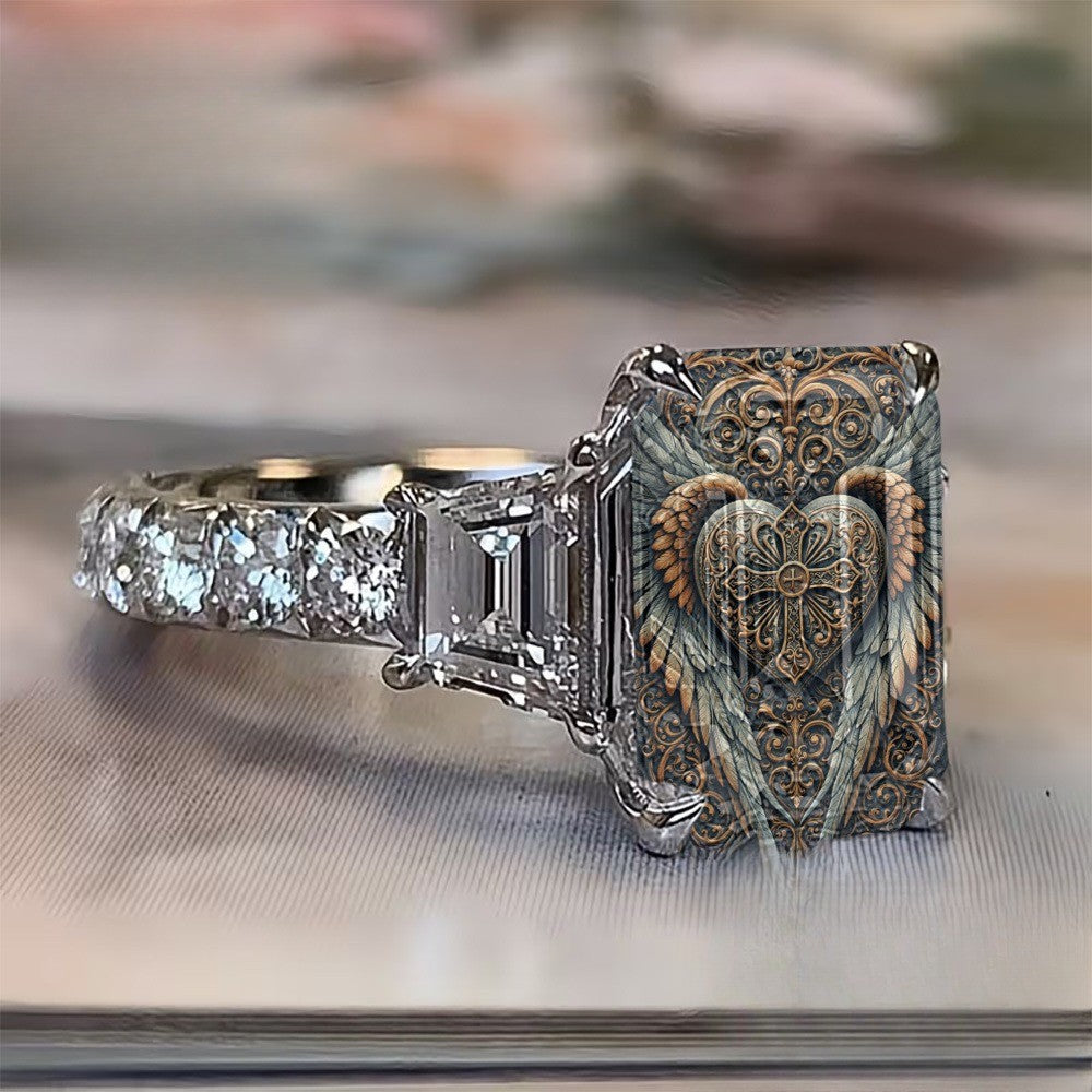 Ornate Winged Heart Square Ring