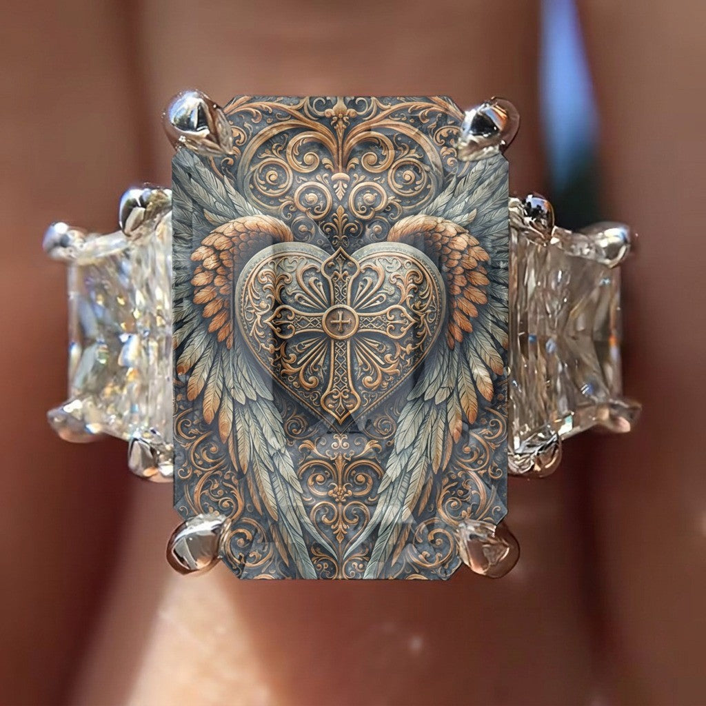 Ornate Winged Heart Square Ring