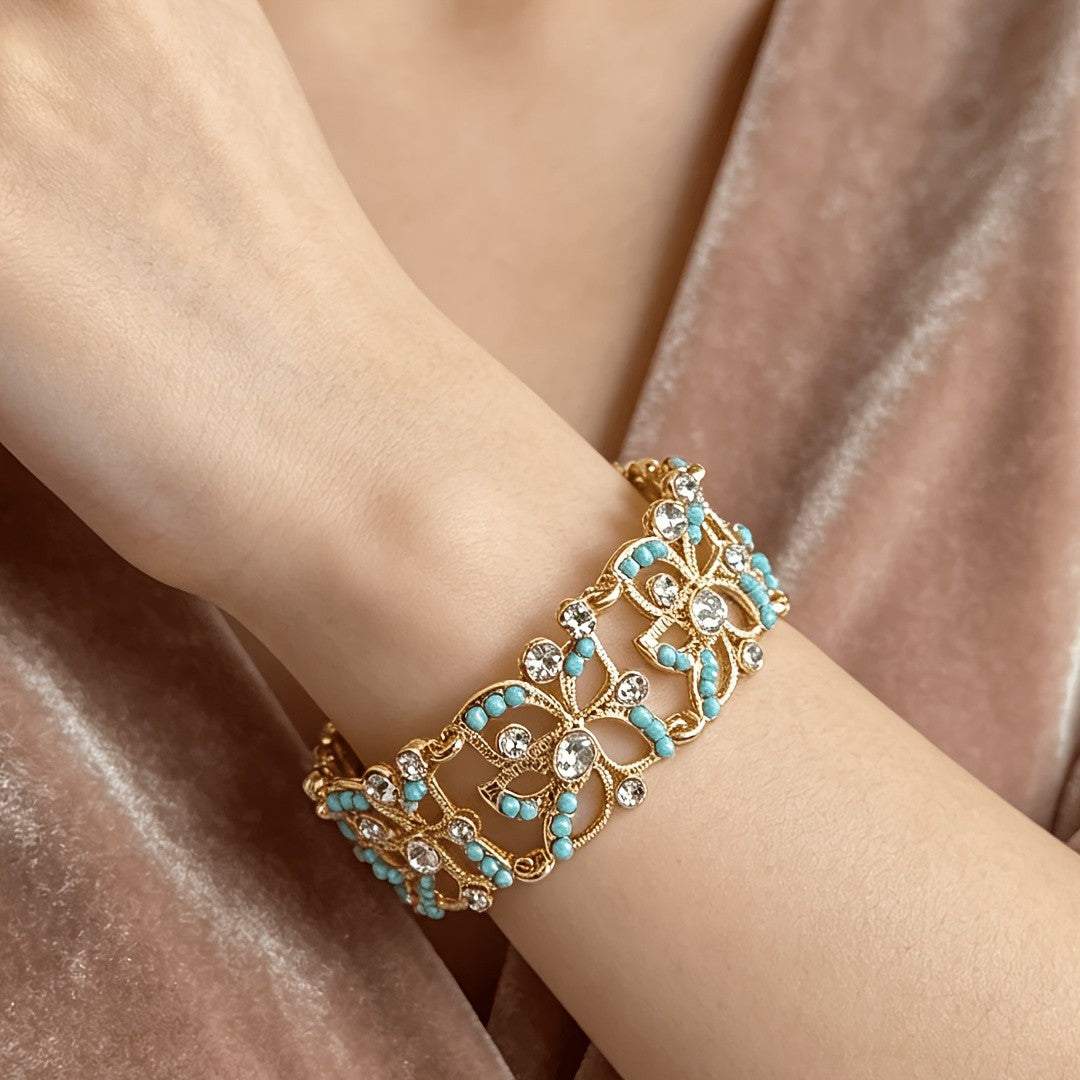 Turquoise & Crystal Scrollwork Cuff Bracelet
