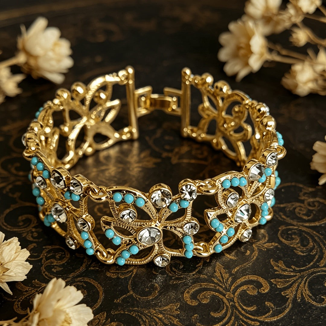 Turquoise & Crystal Scrollwork Cuff Bracelet