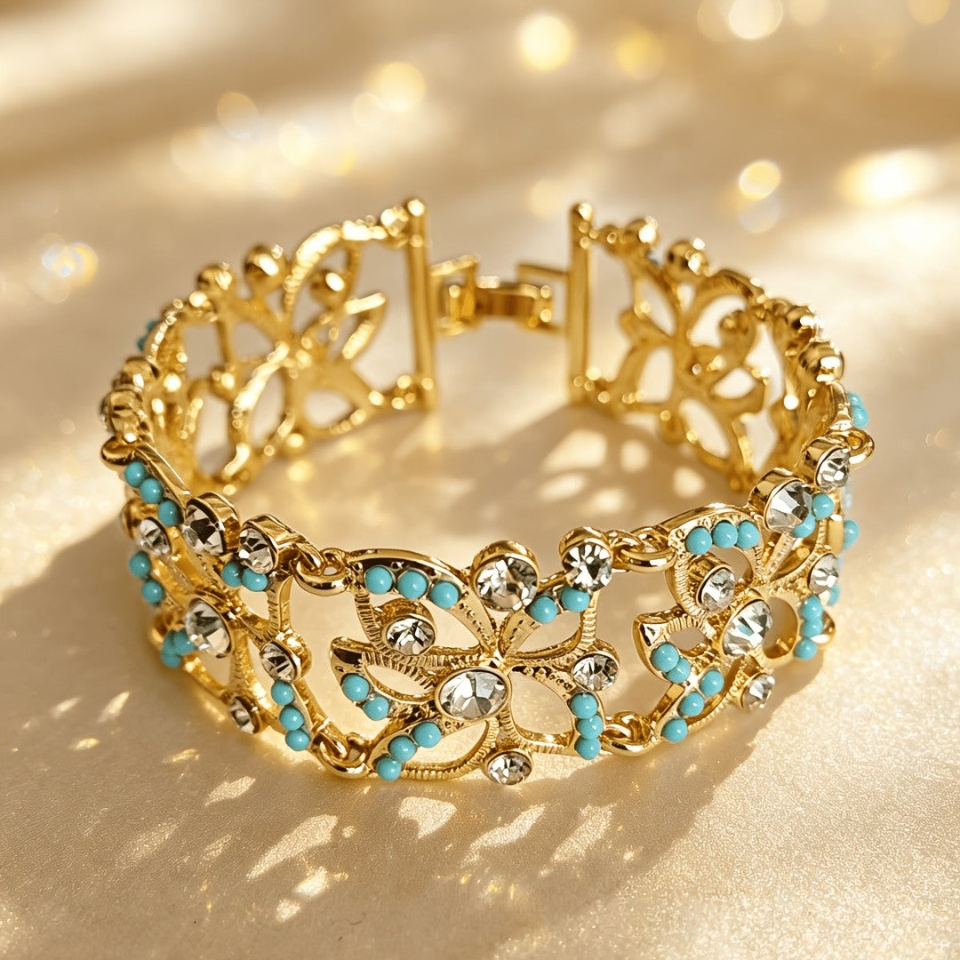 Turquoise & Crystal Scrollwork Cuff Bracelet