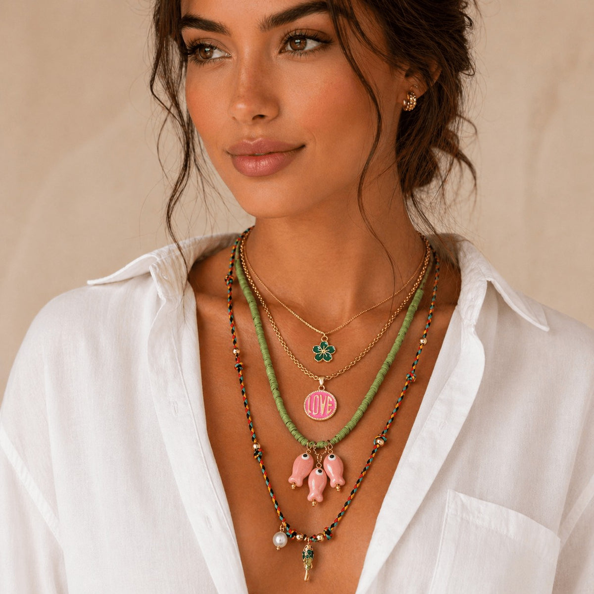 Pink Fish & Love Pendant Necklace Set