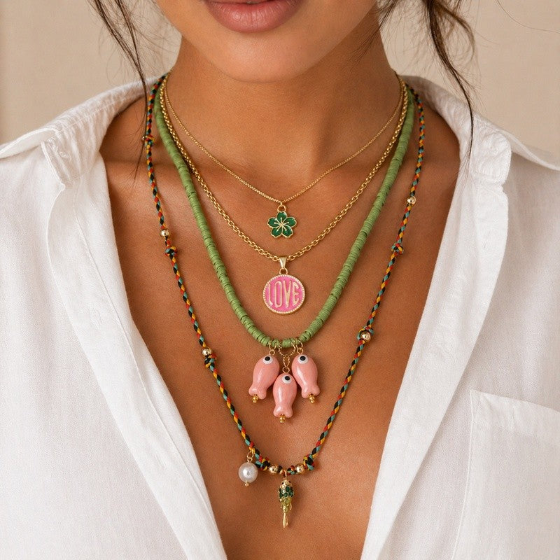 Pink Fish & Love Pendant Necklace Set