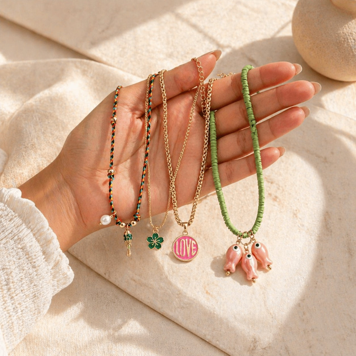 Pink Fish & Love Pendant Necklace Set